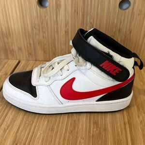 Kids Nike Court a Borough Mid 2 Black white and University Red 4Y